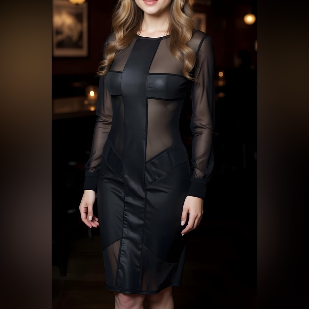 Cocktail Dress Black Mesh Patchwork See-through Sexy Long Sleeves